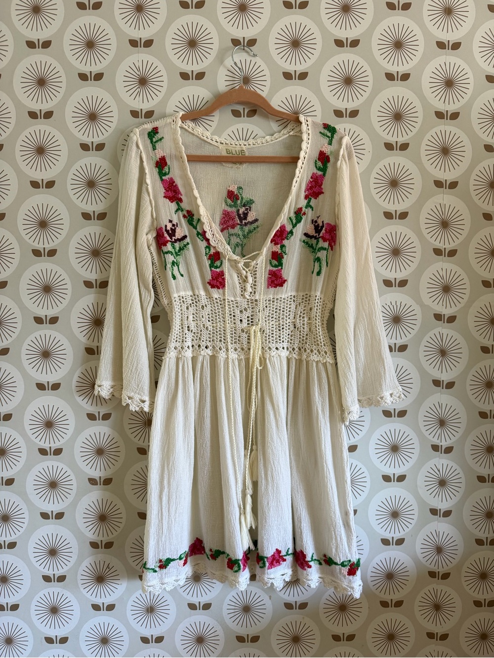 Embroidered Boho Ivory Mini Dress with Pink Rose Detail
